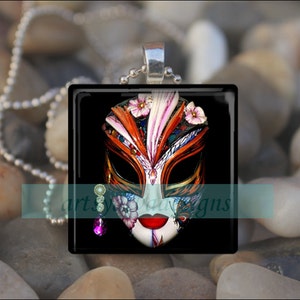 FLOWER JEWEL MASK Mardi Gras Mask Drama Theater Glass Tile Pendant Necklace Keyring