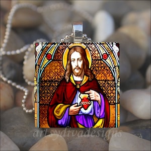 SACRED HEART Jesus Christ Son of God Catholic Church Religious Glass Tile Pendant Necklace Keyring