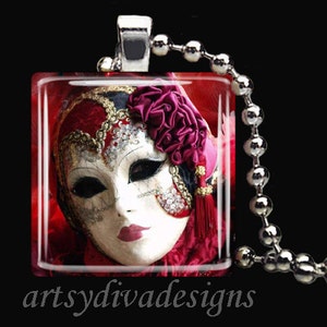 ORNATE THEATER MASK Theatre Drama Mardi Gras Glass Tile Pendant Necklace Keyring design 1