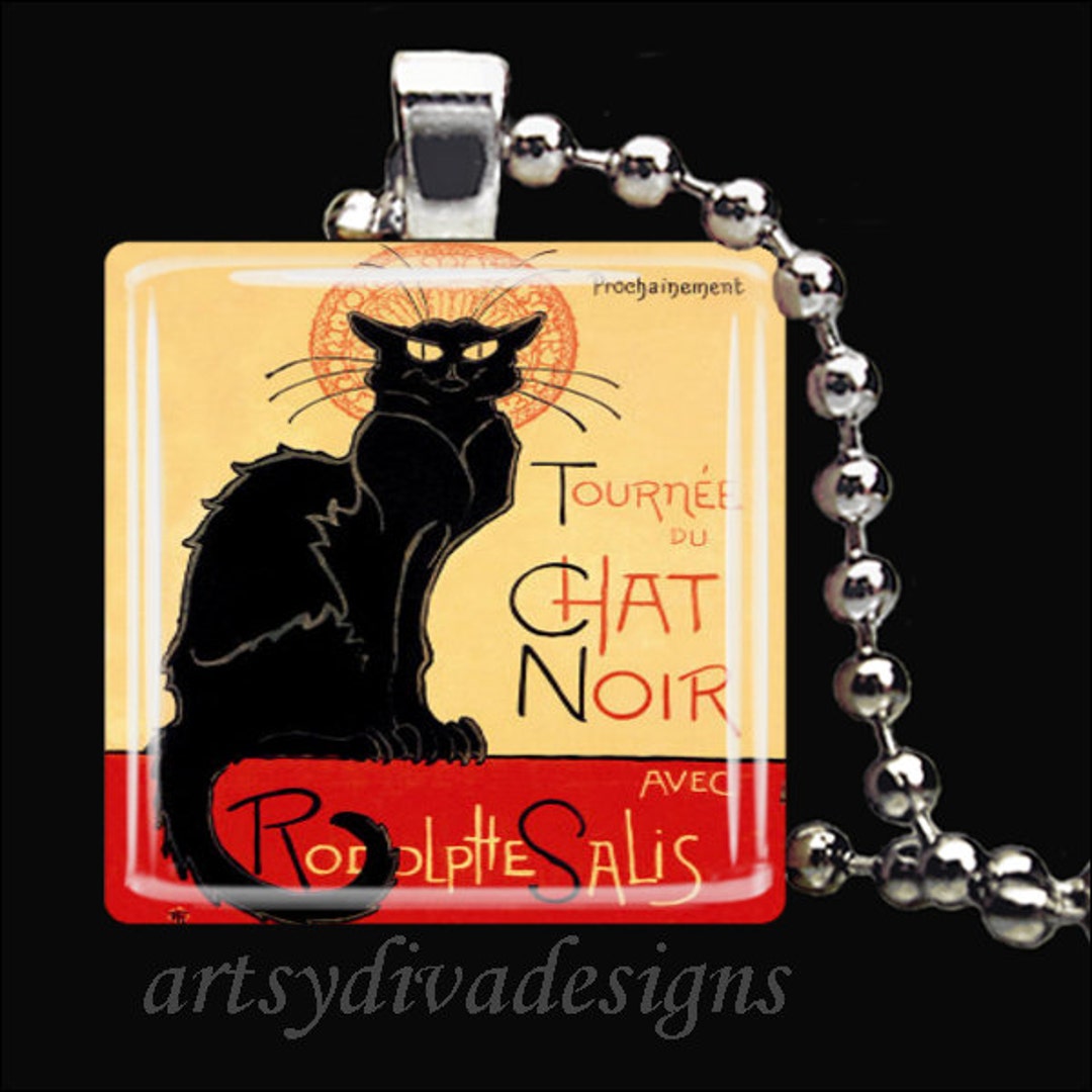 FRENCH BLACK CAT Vintage Black Cat Poster Kitty Chat Noir Glass Tile