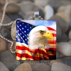 May include: A glass pendant featuring a bald eagle with a red, white, and blue American flag in the background. The pendant is on a silver chain.