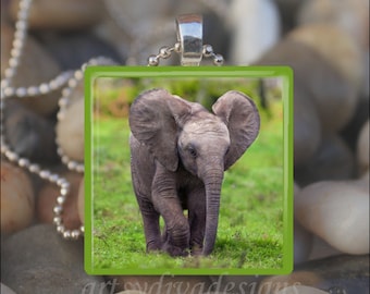 BABY OLIFANT Afrika safari dier glazen tegel hanger ketting sleutelhanger