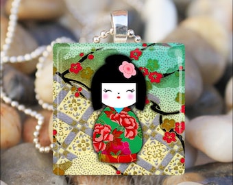 JAPANESE WASHI DOLL Kokeshi Chiyogami Ningyo Doll Glass Tile Pendant Necklace Keyring