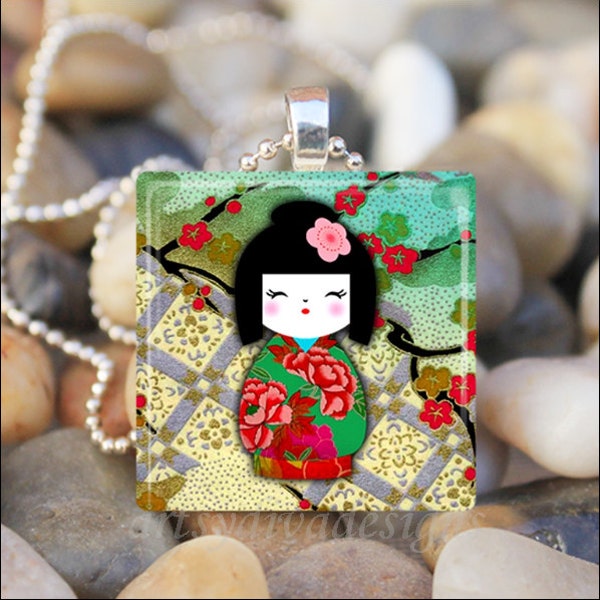 POUPÉE JAPONAISE WASHI Kokeshi Chiyogami Ningyo Poupée Carrelage en verre Pendentif Collier de clés