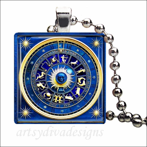 HOROSCOPE ZODIAC Sun Moon Celestial Calender Glass Tile Pendant Necklace Keyring