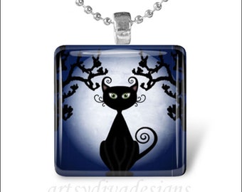 SPOOKY BLACK CAT Halloween Kitty Cat Glass Tile Pendant Necklace Keyring