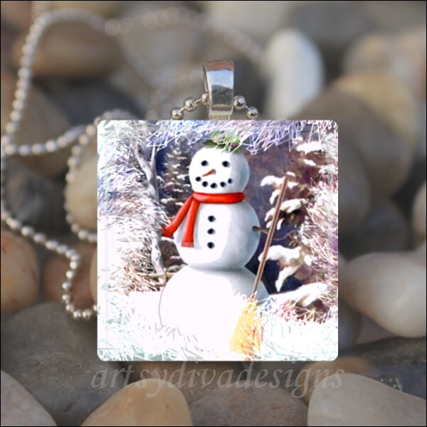 HAPPY SNOWMAN Winter Weihnachten Schneeflocke Glasfliese Anhänger Halskette Schlüsselanhänger