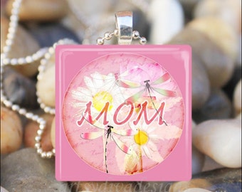 MOM Mother's Day Love Dragonfly Daisy Flowers Spring Garden Glass Tile Pendant Necklace Keyring