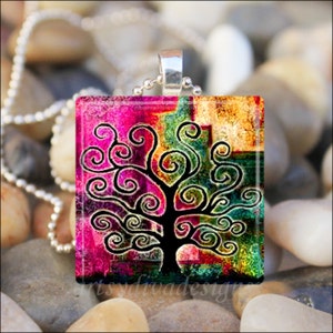 TREE OF LIFE Colorful Seasons Winter Spring Summer Fall Tree Glass Tile Pendant Necklace Keyring