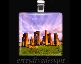 STONEHENGE Solstice Magic Stones Glass Tile Pendant Necklace Keyring