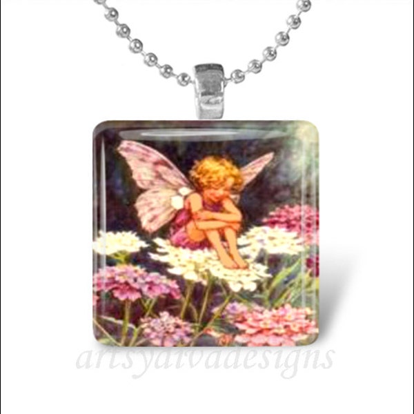 GARDEN FAIRY CHILD Flower Sprite Angel Wings Glass Tile Pendant Necklace Keyring