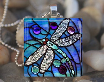 BLUE DRAGONFLY Insect Spring Garden Glass Tile Pendant Necklace Keyring