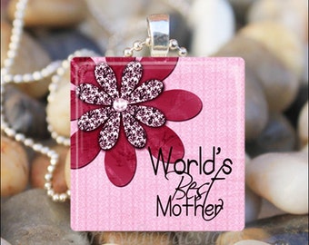 WORLD'S BEST Mother Mother's Day Mom Love Glass Tile Pendant Necklace Keyring