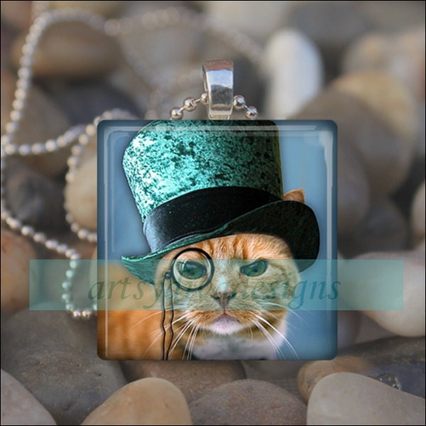 TOP HAT CAT Classy Kitty Glass Tile Pendant Necklace Keyring design 1