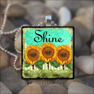 SHINE Inspiriational Hope Positive Quote Glass Tile Pendant Necklace Keyring
