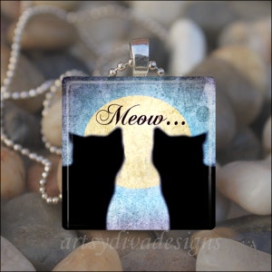 MEOW CAT LOVER Kitty Silhouette Feline Love Glass Tile Pendant Necklace Keyring