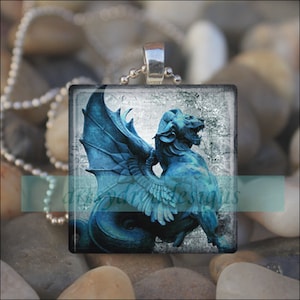 STONE GARGOYLE STATUE Gothic Dragon Chupacabra Halloween Glass Tile Pendant Necklace Keyring