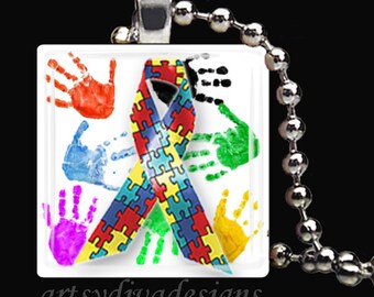 AUTISM AWARENESS Rainbow Puzzle Pieces Ribbon Hands Glass Tile Pendant Necklace Keyring