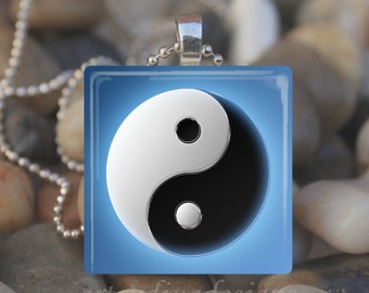 BLUE YIN YANG Chinese Symbol Water Earth Yin and Yang Glass Tile Pendant Necklace Keyring