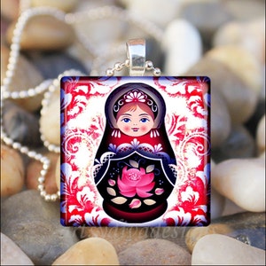 RUSSIAN NESTING DOLL Matryoshka Babushka Russian Stacking Dolls Glass Tile Pendant Necklace Keyring Red Color image 1