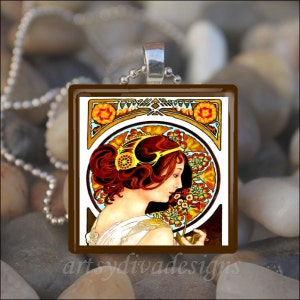 PRIMULA Alfons Alphonse Mucha Art Nouveau Deco Glass Tile Pendant Necklace Keyring