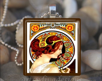 PRIMULA Alfons Alphonse Mucha Art Nouveau Deco Glass Tile Pendant Necklace Keyring