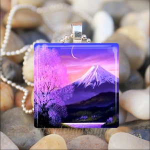 SUNSET MOUNTAIN Cherry Blossoms Nature Lover Glass Tile Pendant Necklace Keyring