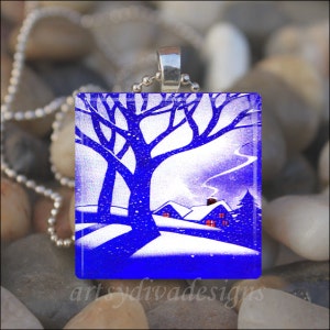 PERFECT WINTER DAY Holiday Tree Snow Snowflake Glass Tile Pendant Necklace Keyring