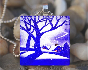 PERFECT WINTER DAY Holiday Tree Snow Snowflake Glass Tile Pendant Necklace Keyring