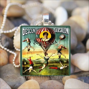 VINTAGE TRAPEZE ARTISTS Circus Performers Hot Air Balloon Glass Tile Pendant Necklace Keyring