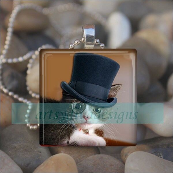 TOP HAT CAT Classy Kitty Glass Tile Pendant Necklace Keyring design 4