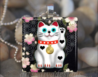 JAPANESE LUCKY CAT Maneki Neko Lucky Fortune Cat Glass Tile Pendant Necklace Keyring