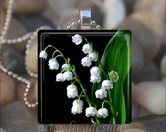 LILY OF the VALLEY Easter Flowers Lilies Spring Floral Glass Tile Pendant Necklace Keyring