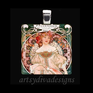 REVERIE Alfons Alphonse Mucha Art Nouveau Glass Tile Pendant Necklace Keyring