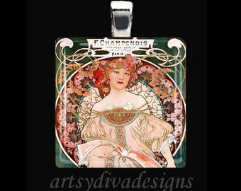 REVERIE Alfons Alphonse Mucha Art Nouveau Glass Tile Pendant Necklace Keyring