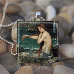 Sereia John Waterhouse Pintura Oceano Fantasia Azulejo de Vidro Pingente Colar Chaveiro