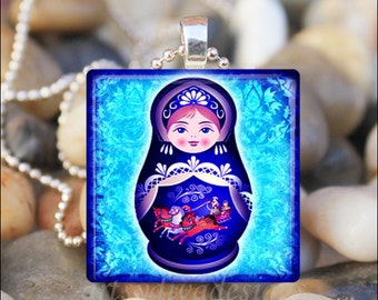 RUSSIAN NESTING DOLL Matryoshka Babushka Russian Stacking Dolls Glass Pendant Necklace Keyring - Turquoise Color