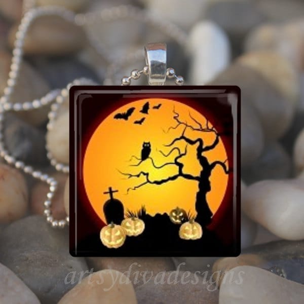 SPOOKY HALLOWEEN CEMETARY Moon Black Cat Jack o Lantern Bat Pumpkin Glass Tile Pendentif Collier Porte-clés