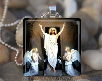 JESUS CHRIST RESURRECTION Easter Religious Glass Tile Pendant Necklace Keyring