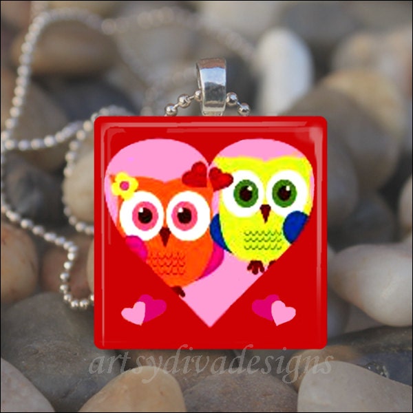 OWL LOVE YOU Forever Love Owls Heart Soulmates Glass Tile Pendant Necklace Keyring