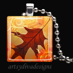 AUTUMN LEAF Fall Leaves Leaf Acorn Tree Thanksgiving Glass Tile Pendant Necklace Keyring