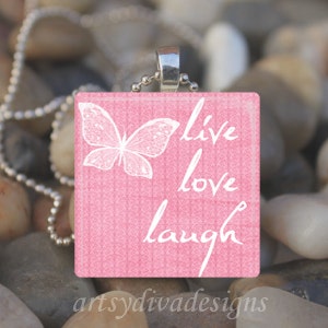 LIVE LOVE LAUGH Inspirational Saying Positive Message Butterfly Glass Tile Pendant Necklace Keyring