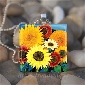 COLORFUL SUNFLOWERS Spring Garden Floral Flowers Glass Tile Pendant Necklace Keyring