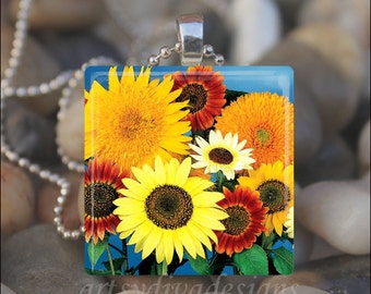 COLORFUL SUNFLOWERS Spring Garden Floral Flowers Glass Tile Pendant Necklace Keyring