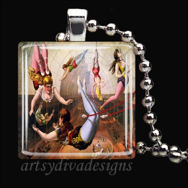 VINTAGE TRAPEZE ARTISTS Circus Performers Glass Tile Pendant Necklace Keyring