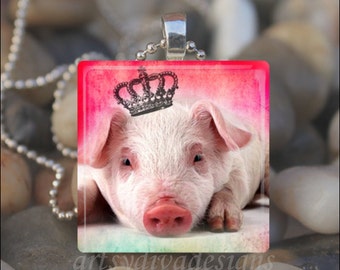 PRINCESS PIG Queen Diva Pig Lover Glass Tile Pendant Necklace Keyring