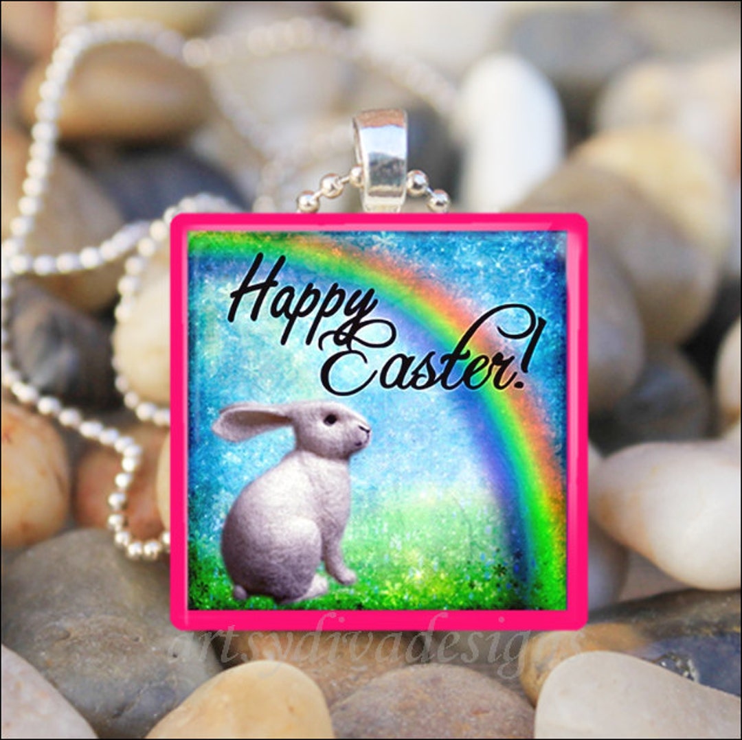 HAPPY EASTER Spring Garden Easter Bunny Rabbit Rainbow Glass Tile ...