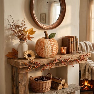May include: A fabric pumpkin featuring alternating panels of orange paisley, cream floral, and orange-and-white checkered patterns with a brown stem and green leaf, displayed on a wooden mantel alongside a vase of dried foliage and books.