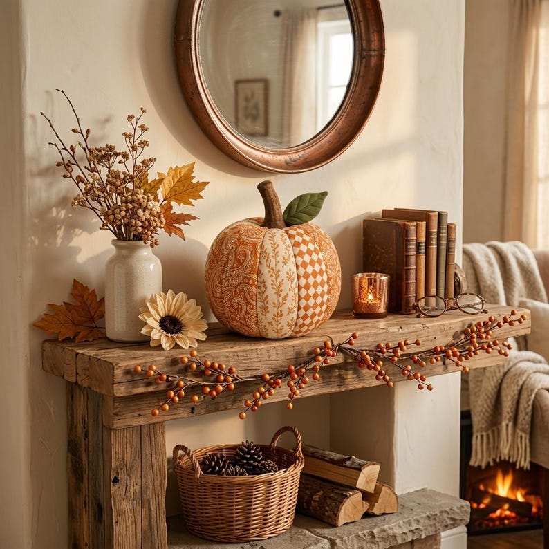 May include: A fabric pumpkin featuring alternating panels of orange paisley, cream floral, and orange-and-white checkered patterns with a brown stem and green leaf, displayed on a wooden mantel alongside a vase of dried foliage and books.