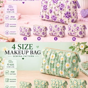Pode incluir: Um molde de costura para uma nécessaire de maquilhagem em 4 tamanhos, S, M, L e XL. A imagem mostra bolsas acolchoadas com estampados de flores roxas e margaridas verdes, cada uma com fecho dourado e puxador de tecido a condizer.